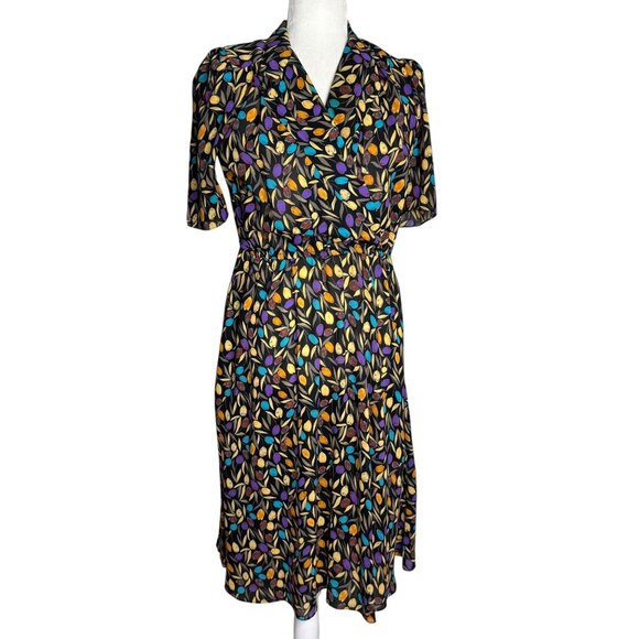 Vintage 80s Stuart Alan Midi Dress Size Medium Black Floral Pockets Short Sleeve - Picture 1 of 6